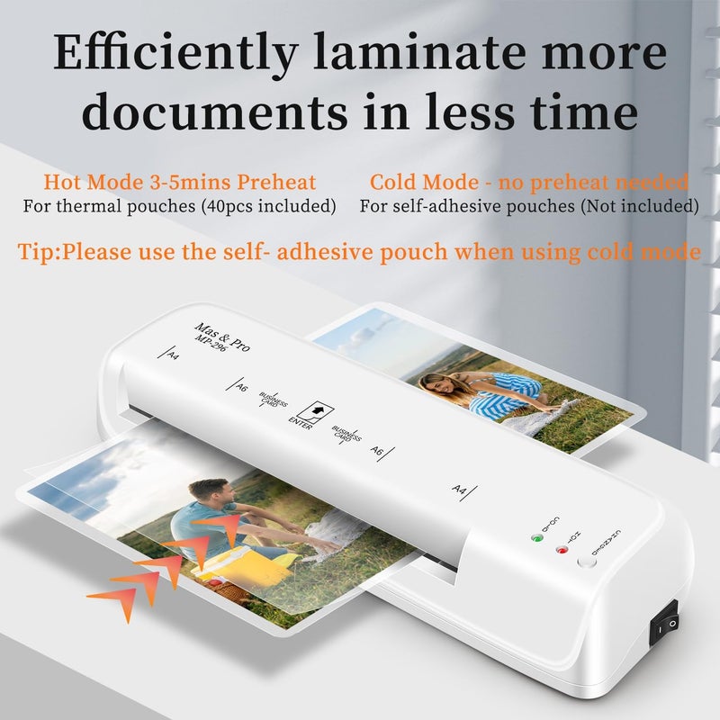 Mas & Pro Thermal Laminator Machine 9 Inch with 40 Laminating Sheets, Hot & Cold, Anti-Jam, Fast Warm-Up, 2-Roller, Portable for Home Office School, Letter Size/A4/A5/A6/Photo/Document, White - Image 3